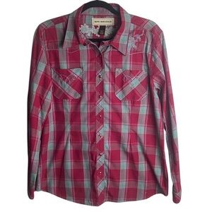 🐴 Bit & Bridle Embroidered Western Plaid Pearl Snap Button Down Shirt Large